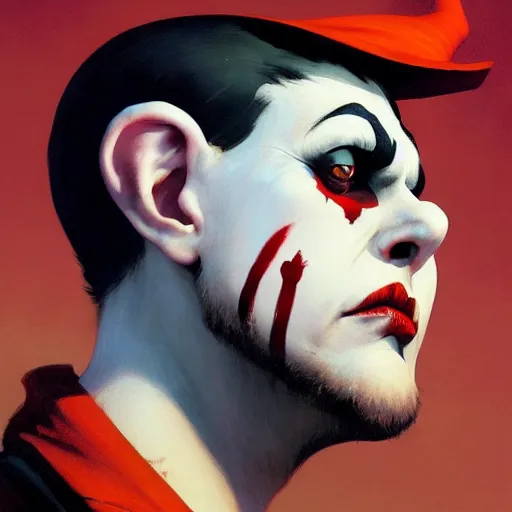 Image similar to 4k headshot portrait of Spawn clown from Macfarlane comics by Craig Mullins, ilya kuvshinov, krenz cushart, epic , artgerm trending on artstation by Edward Hopper and Dan Mumford and WLOP and Rutkovsky, beksinski carl spitzweg moebius and tuomas kocar, intricate artwork by caravaggio, Unreal Engine 5, Lumen, Nanite , 4K headshot of godlike clown with defined arms and open hands and bloody clothes with giant mandala wings , intricate face , flawless anime cel animation by Kentaro Miura, psychedelic , highly detailed upper body , professionally post-processed , beautiful, scary, symmetry accurate features, epic, octane rendered, anime masterpiece, accurate