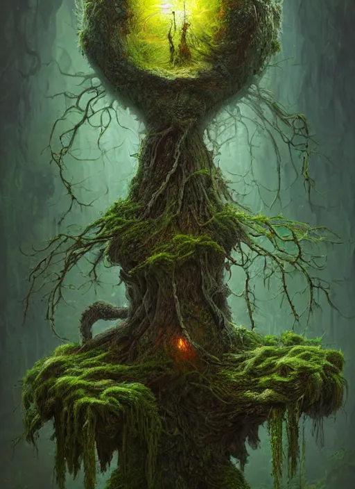 Image similar to Portrait of an Ancient Robot with a tree growing out of its head, patches of moss, translucent leaves, extremly detailed digital painting, in the style of Tomasz Alen Kopera and Fenghua Zhong and Peter Mohrbacher, mystical colors, rim light, beautiful lighting, 8k, stunning scene, raytracing, octane, trending on artstation