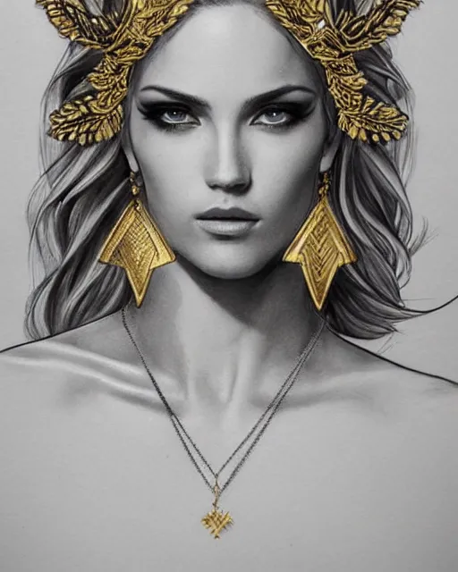 Image similar to tattoo sketch of hot blonde super model as aphrodite greek goddess wearing a gold laurel wreath and triangle earrings, beautiful piercing gaze with sharp pupils, in the style of greg rutkowski, fantasy, amazing detail, epic, elegant, smooth, sharp focus, front view