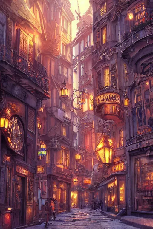 Image similar to colorful street vue of steampunk paris, intricate details, realistic shaded , steampunk, highly detailed, artstation, painting by François Schuiten and moebius, octane render, dynamic light, volumetric light, neon lights, cinematic mood