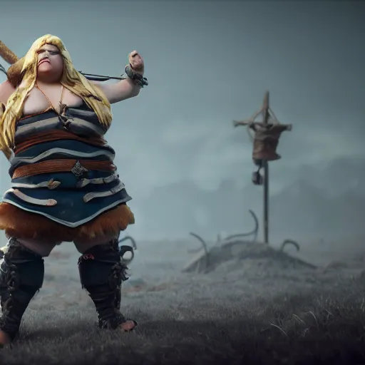 Image similar to a handsome corpulent viking girl with blond hair, clash royal style characters, unreal engine 5, octane render, detailed, cinematografic, cinema 4 d