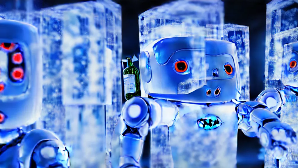 Image similar to robots drinking alcohol, inside a ice bar, chrome reflections, hyper-realistic, extreme detail, sharp photo, beautiful, cinematic 4K, by Sorayama