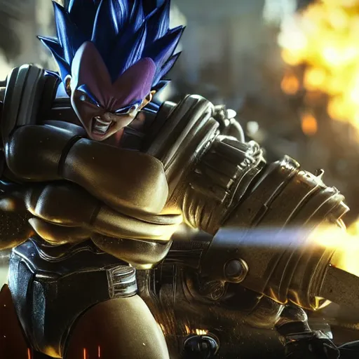 Prompt: vegeta in gears of war, splash art, movie still, cinematic lighting, ray tracing, octane render, long lens, shallow depth of field, bokeh, anamorphic lens flare, 8 k, hyper detailed, 3 5 mm film grain