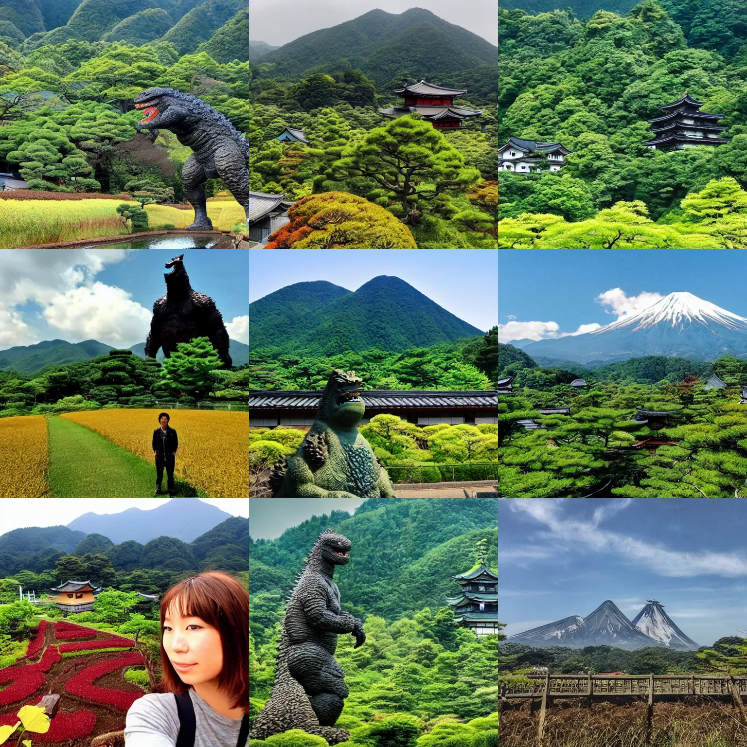 Beautiful Japanese Countryside With Godzilla Far In Stable Diffusion 