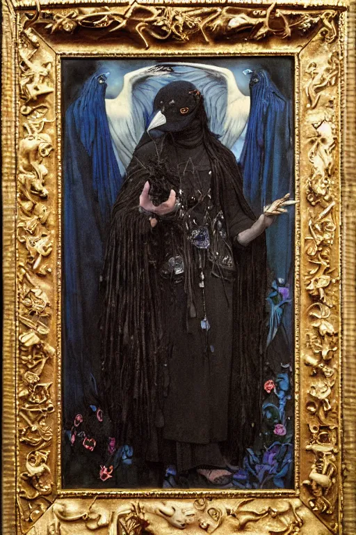 Image similar to a raven dressed as a goth shaman, by Annie Swynnerton and Nicholas Roerich and John Bauer and jean delville and John William Godward and Donato Giancola and Vermeer, black leather and embroidered velvet, iridescent beetles, rich color, dramatic cinematic lighting, featured on Artstation, extremely detailed