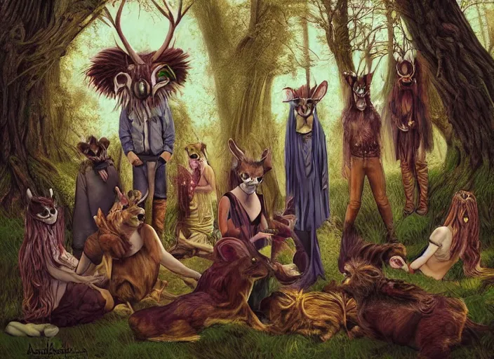 Prompt: forest pagan ritual with people with animal masks by andrews, esao, digital art