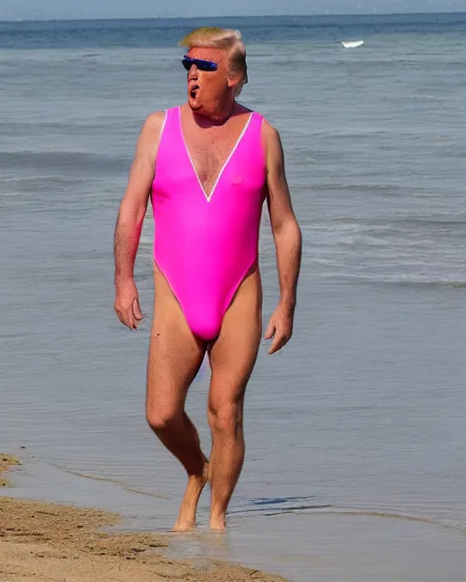 Prompt: donald trump wearing a neon pink mankini at the beach