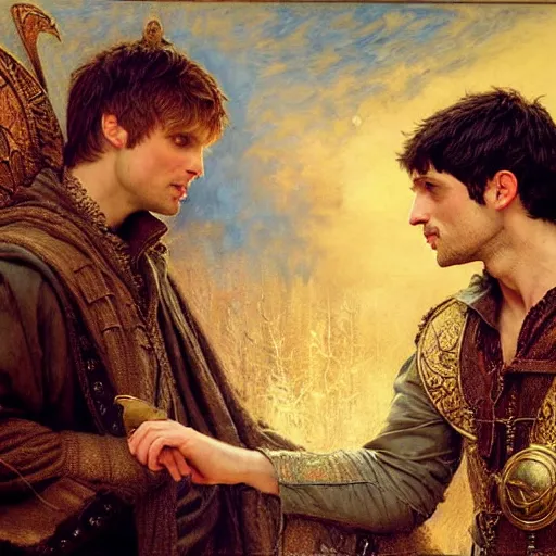 Prompt: attractive arthur pendragon ( bradley james ) with attractive male merlin ( colin morgan ) the mage. they are in love. highly detailed painting by gaston bussiere, craig mullins, j. c. leyendecker