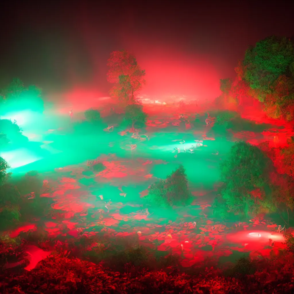 Image similar to rave in the red pond at night, light art, epic composition, by benoit paille, hd, octane, volumetric lighting, masterpiece,