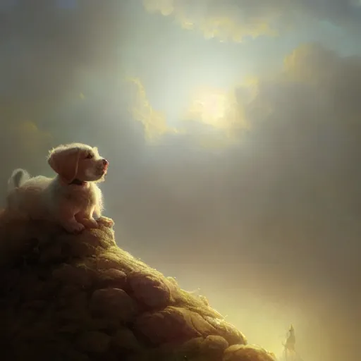 Image similar to cinematic shot epic portrait an female traveller pets a puppy near a village, sunny, cute, fluffy, broad light, ambient occlusion, volumetric light effect, made by ivan aivazovsky, peter mohrbacher, greg rutkowski, matte painting, trending on artstation, 4 k, perfectly defined features, digital painting, cinematic, epic, highly detailed,