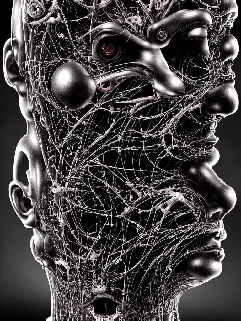 Image similar to portrait of neural nightmares by yoshitaka amano and HR Giger, detailed face face face face, facial structure, hd, 8k, very very very very electronic, biomechanical, biology, bio, neural machine, single subject, terror