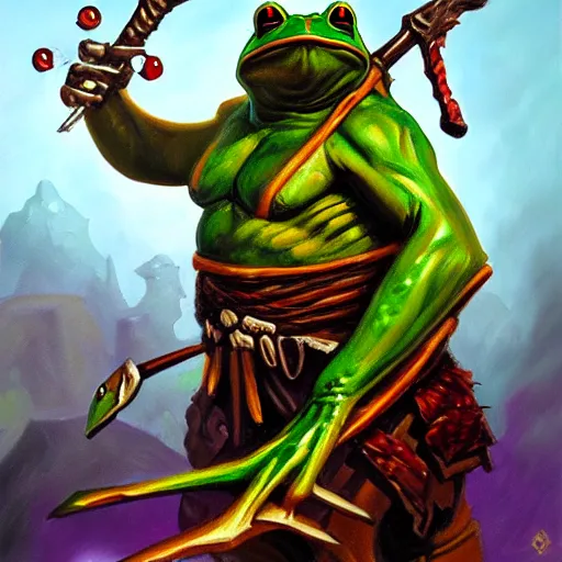 Image similar to oil painting of a frog warrior, in the style of 9 0 s dungeons & dragons and magic the gathering, character art card, highly readable