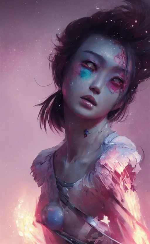 Image similar to Colour Tattoo old galaxie girl chines painting , by WLOP, Rossdraws, James Jean by Greg Rutkowski, Sung Choi, Mitchell Mohrhauser, Maciej Kuciara, Johnson Ting, Maxim Verehin, Peter Konig, Bloodborne , 8k photorealistic, cinematic lighting, HD, high details, atmospheric , trending on artstation