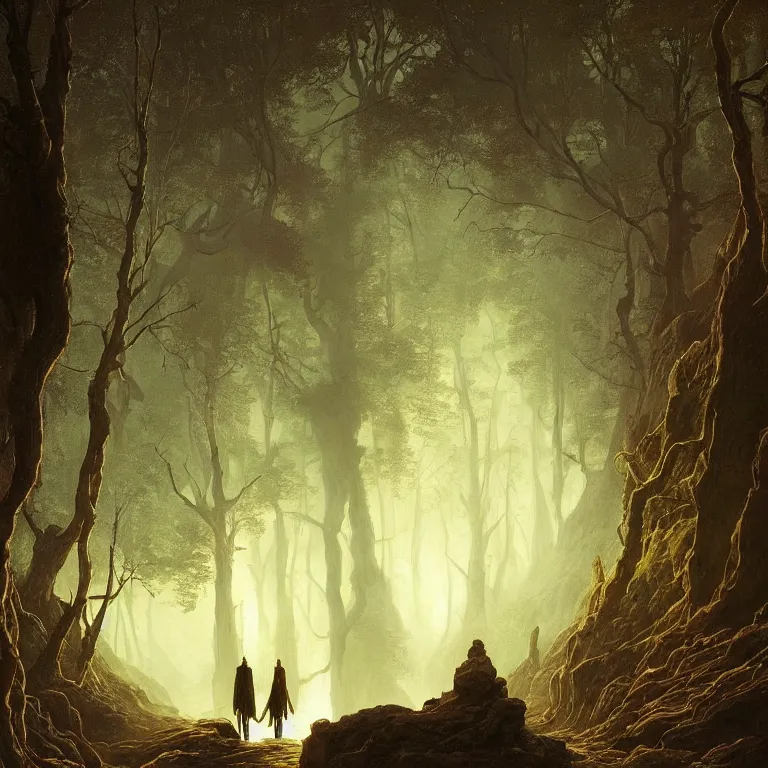 Image similar to a detailed landscape painting inspired by moebius and beksinski of a great forest with path and man with a cape over his head following the path. fantasy poster. cinematic fantasy scene. aurora lighting. fantasy. carl spitzweg. baroque elements. baroque element. intricate artwork by caravaggio. oil painting. award winning. dramatic. trending on artstation. 8 k