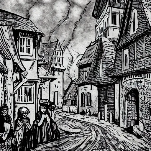 Image similar to mysterious town in medieval slovakia, comic art, black and white