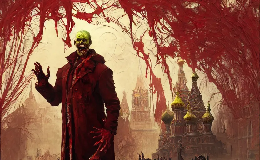 Image similar to zombie Putin in Red Square, fantasy, intricate, highly detailed, digital painting, artstation, concept art, smooth, sharp focus, illustration, art by artgerm and greg rutkowski and alphonse mucha