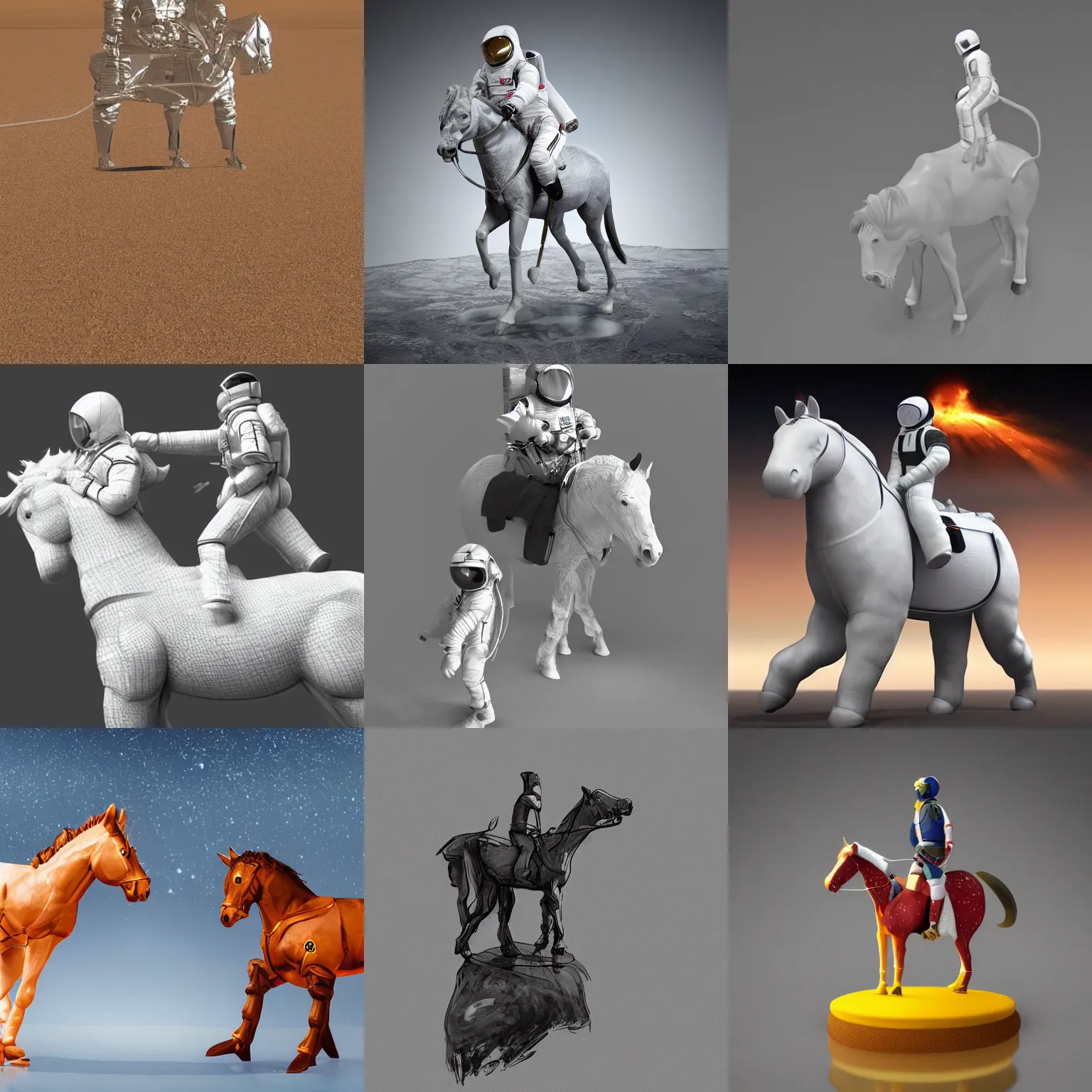 Prompt: an astronaut standing on the ground and a small centaur standing on the human, trying to ride it the horse is on his shoulders minimalist style, 3 d render, isometry
