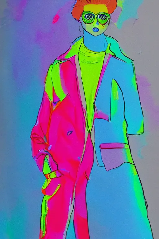 Prompt: a scene with a character wearing a super colorful fluo suit, vivienne westwood, 2 0's fashion illustration