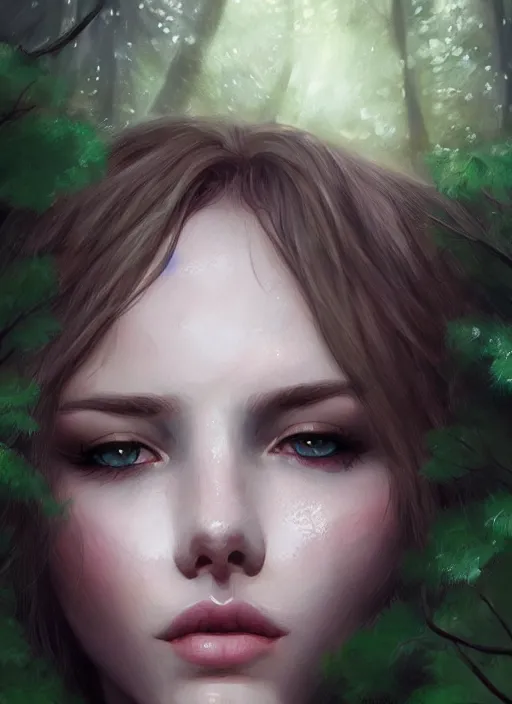 Prompt: girl lying in forest, face close up, art by charlie bowater