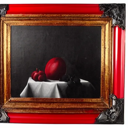 Prompt: a black and white nature morte painting in a bright red frame