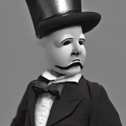 Image similar to black and white mugshot of a male doll, bill murray, he is wearing a top hat, wearing bandit mask, bow tie bandit