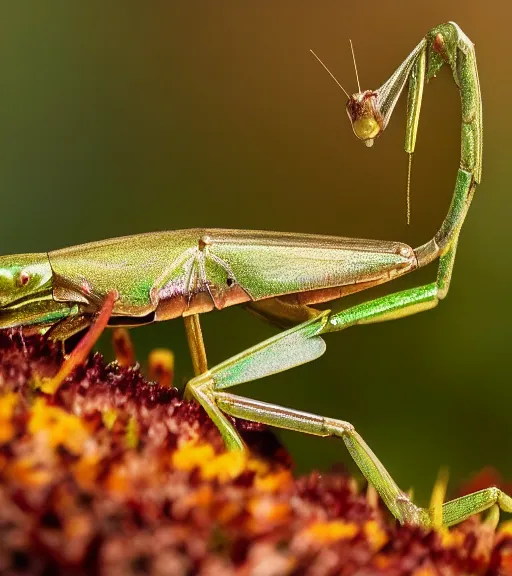 Prompt: super macro photo of a golden iridescent praying mantis on a flower in a forest. dof. bokeh. magical atmosphere. art by greg rutkowski. lifelike. very detailed 8 k. intricate. soft light. nikon d 8 5 0.