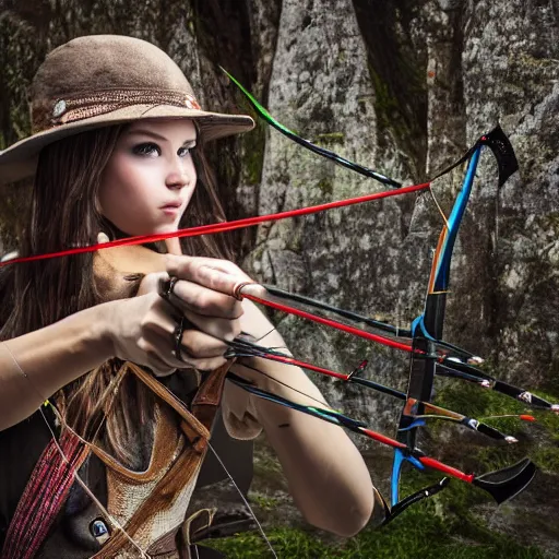 Image similar to photography of archery girl, bow hunting women, archerty with bow and arrows, uhd 8 k, highly detailed, very realistic