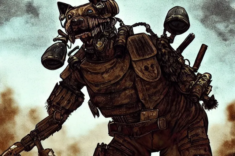 Image similar to a good ol'hound dog fursona ( from the furry fandom ), heavily armed and armored facing down armageddon in a dark and gritty version from the makers of mad max : fury road. witness me.