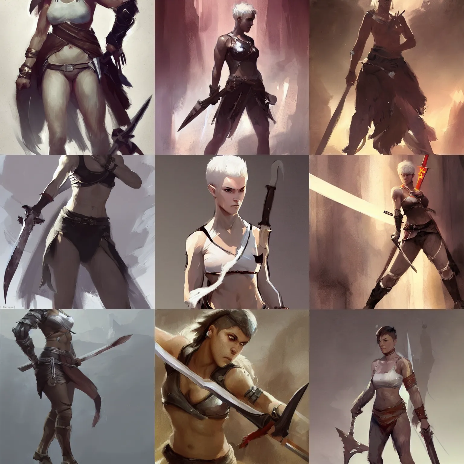 Prompt: female warrior with short white hair and a broken sword, athletic body-type, character concept art by Greg Rutkowski