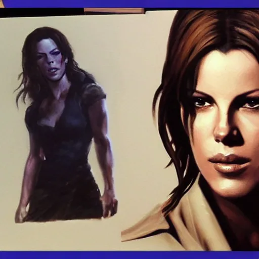 Prompt: ultra realistic portrait painting of kate beckinsale in resident evil, art by frank frazetta, 4 k, ultra realistic, highly detailed, epic lighting.