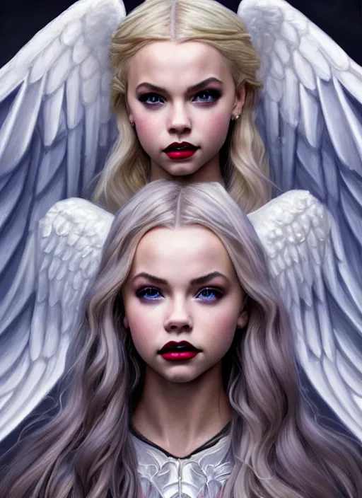 Image similar to ultra realistic illustration, a stunningly beautiful angel knight gothic girl played by jordyn jones and dove cameron and margot robbie and taylor swift and megan fox, intricate, elegant, highly detailed, digital painting, artstation, concept art, smooth, sharp focus, illustration, art by artgerm and greg rutkowski and alphonse mucha