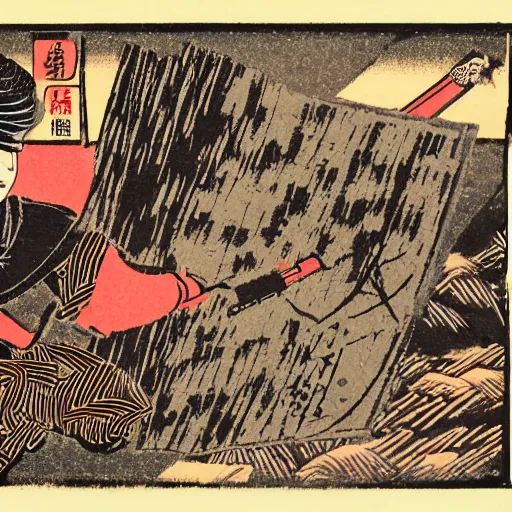 Prompt: the videogame arma 3 depicted as a japanese woodblock print