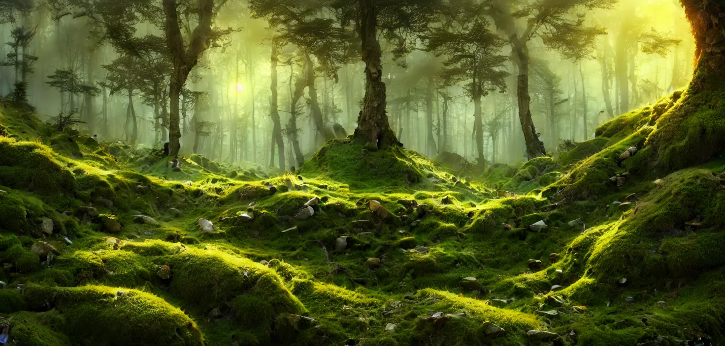 Image similar to random forest landscape, moss, incredible, vector art, octane render, fabulous, hyper detailed, random cinematic view, no noise, global illumination, warm lighting, volumetric, godrays, vivid, beautiful, by jordan grimmer