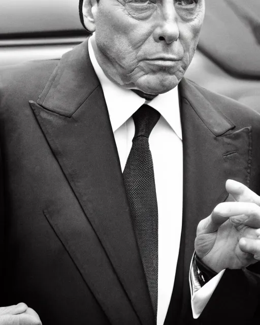 Prompt: a portrait photograph of Silvio Berlusconi as a mob boss, DSLR photography