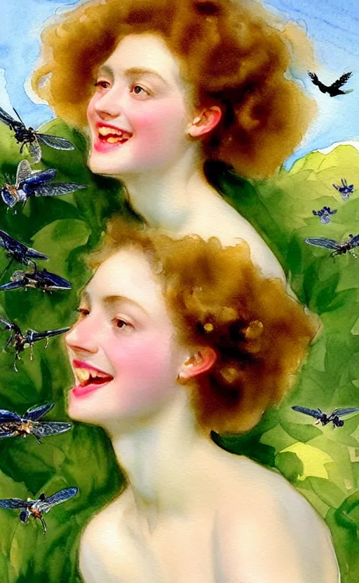 Image similar to 8 k uhd the face of a young woman with marble complexion, angelic features, her face framed with curls, her head raised in rapture, laughing, symmetrical eyes, watercolor by john singer sargent, background lush vegetation, insects and birds