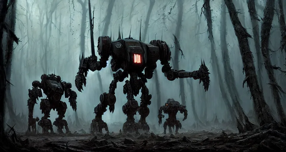 Prompt: giant darkgothic battlemech walking through a grimdark forest, the feeling of dark fantasy magic, hyper realistic sci - fi matte concept art painting, beautiful details, strong composition painted by kim jung guweta studio rutkowski, james gurney and greg rutkowski, and lucasfilm, smooth, intricate, detailed, sharp focus, cinematic