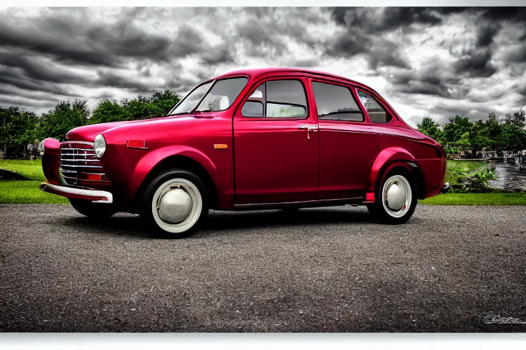 Image similar to stylized poster of a single 1945 Dodge Omni, (Sony a7R IV, symmetric balance, polarizing filter, Photolab, Lightroom, 4K, Dolby Vision, Photography Award)