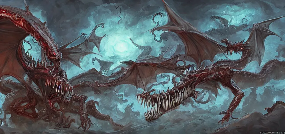 Image similar to concept art of dragon attack, lovecraftian, lots of teeth, melting horror, feathers, fighting the horrors of the unknown with laser guns