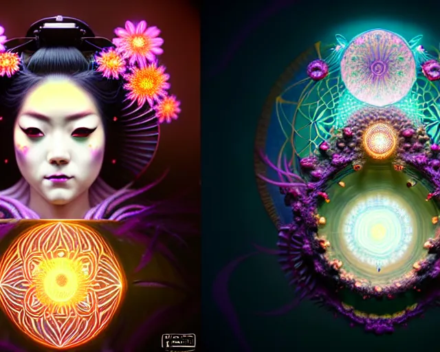 Image similar to a headshot of a geisha offset in the frame, surrounded by fractals, mandalas, cherry blossoms, hadron collider technology, metal gears, swirling bioluminescent energy, art by peter mohrbacher and dan mumford, 8 k octane render, hyperrealistic, zbrush, cinema 4 d