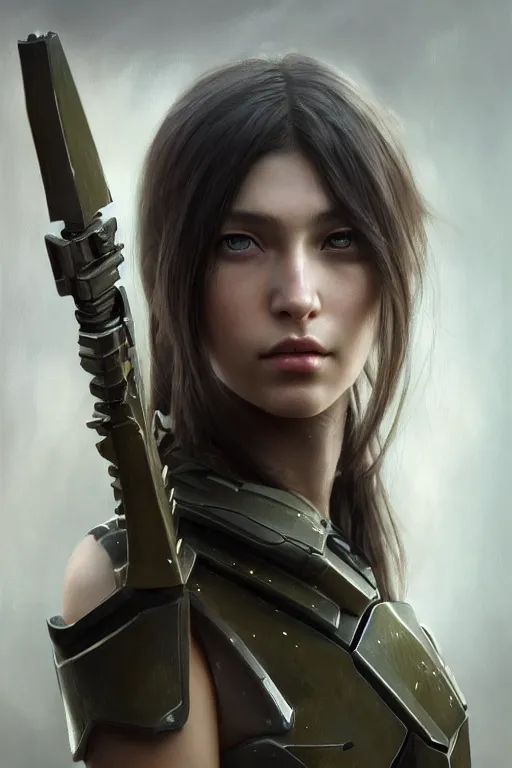 Image similar to a photorealistic painting of an attractive young girl, partially clothed in stealth-like battle armor, olive skin, long dark hair, beautiful bone structure, symmetrical face, perfect eyes, intricate, elegant, digital painting, concept art, illustration, sharp focus, minimal artifacts, from Metal Gear, in the style of Ruan Jia and Mandy Jurgens and Greg Rutkowski, trending on Artstation, award winning