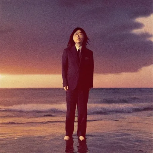 Image similar to japanese man with long hair in a suit standing in the ocean looking at the camera, wide shot, far!!!!!!! away, zoomed out, distance!!!!!!! shot, sunset, centered!!!!!!!!!!, album cover, tatsuro yamashita, 1980, ride on time