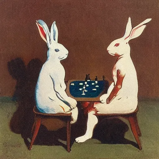 Image similar to two rabbits playing chess in the style of ilya repin