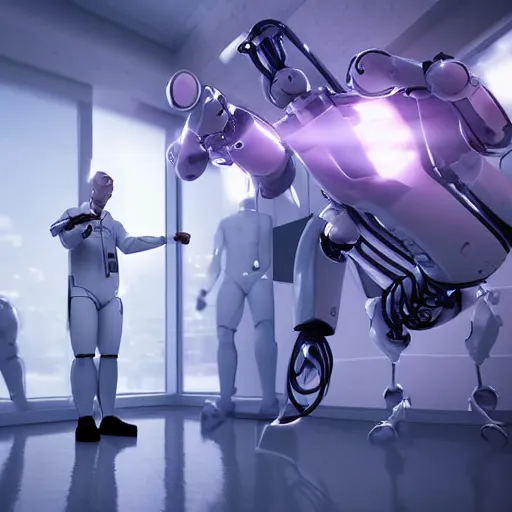 Prompt: a robot doctor demonstrating physical exercises to human patients, ultra HD realistic wide focus 8k ultra soft light RTX on VFX octane render pixiv pinterest colorful more reflection OLED