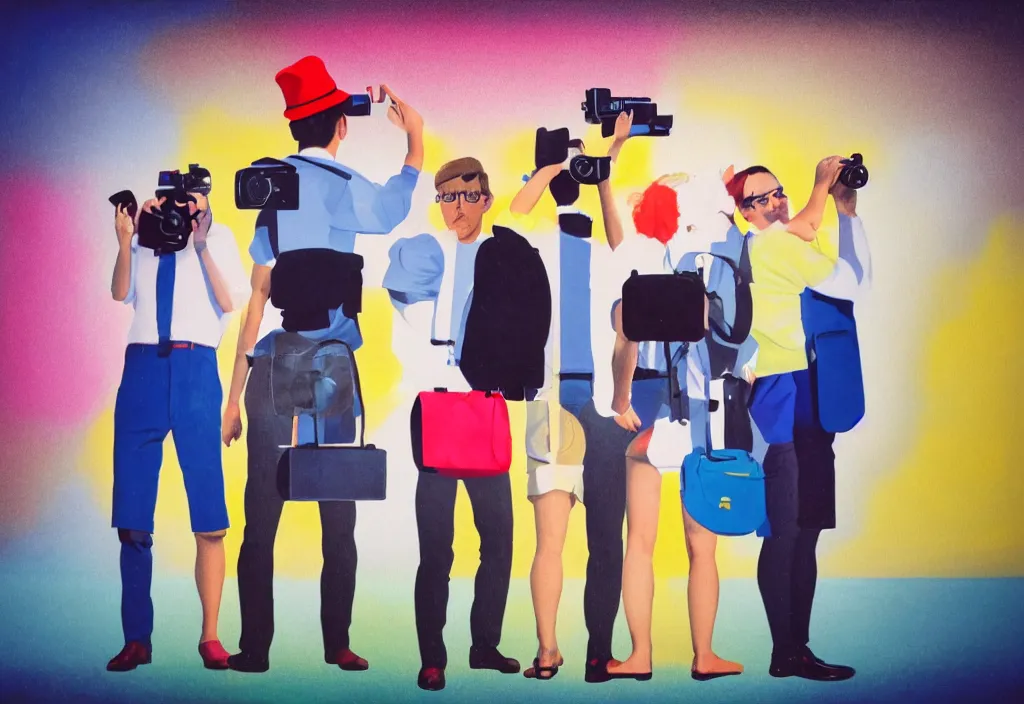 Image similar to full body portrait of a trio of european tourists with nikon cameras, various poses shooting photos, character designs painting, in the style of wes anderson, rene magritte, lola dupre, david hockney, isolated on white background, dark monochrome neon spraypaint accents volumetric octane render