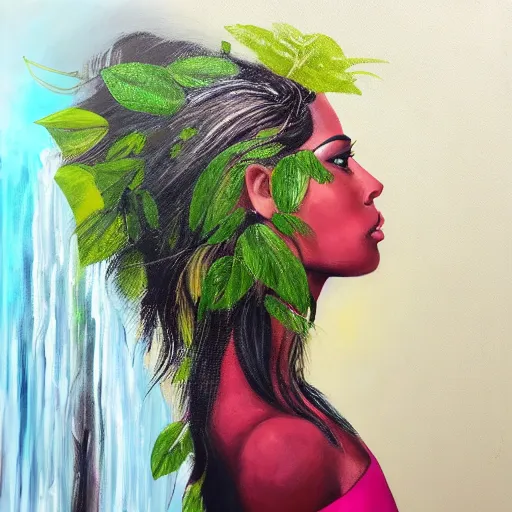 Prompt: side view portrait of beautiful woman constructed of a tropical rainforest, her hair is constructed of a waterfall, acrylic painting, art by dimitra milan.