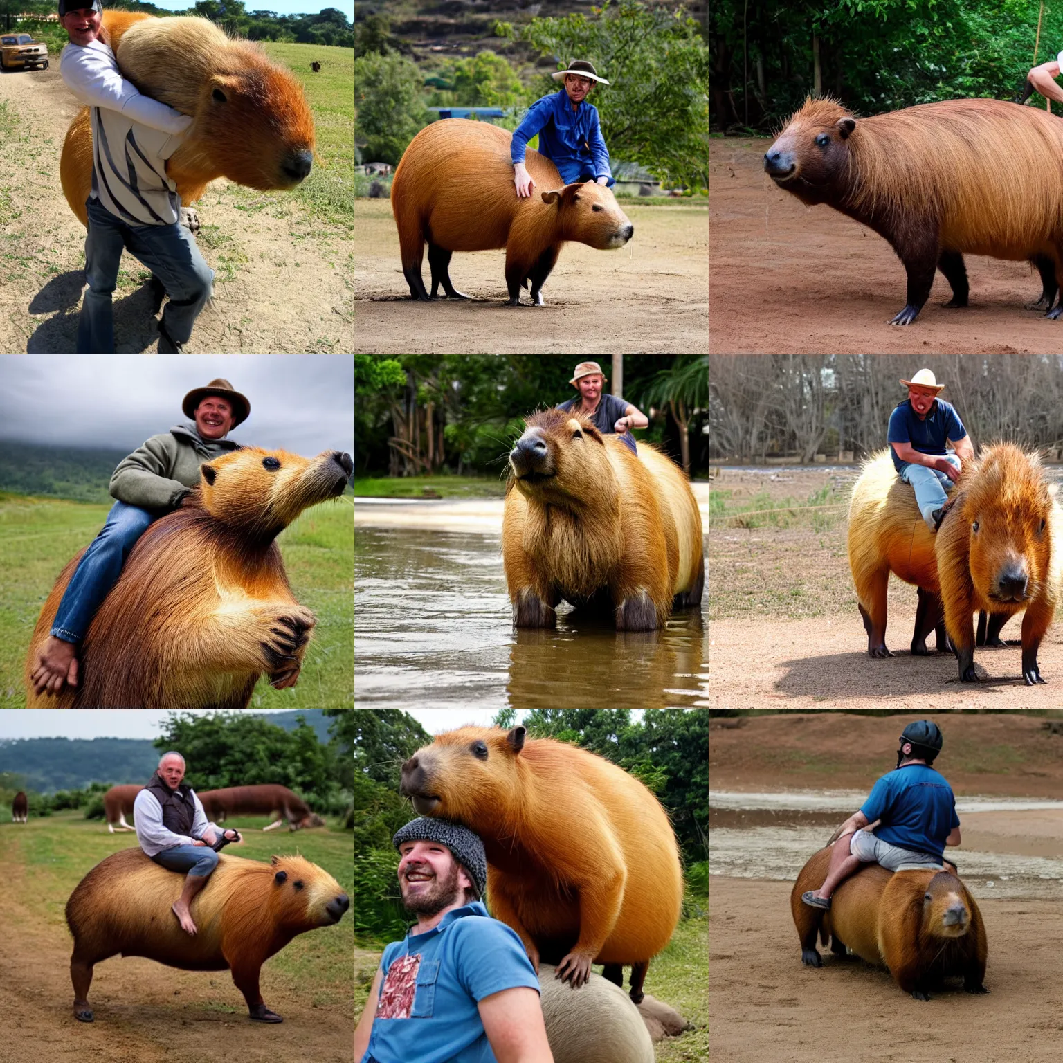 Prompt: Man riding a giant capybara