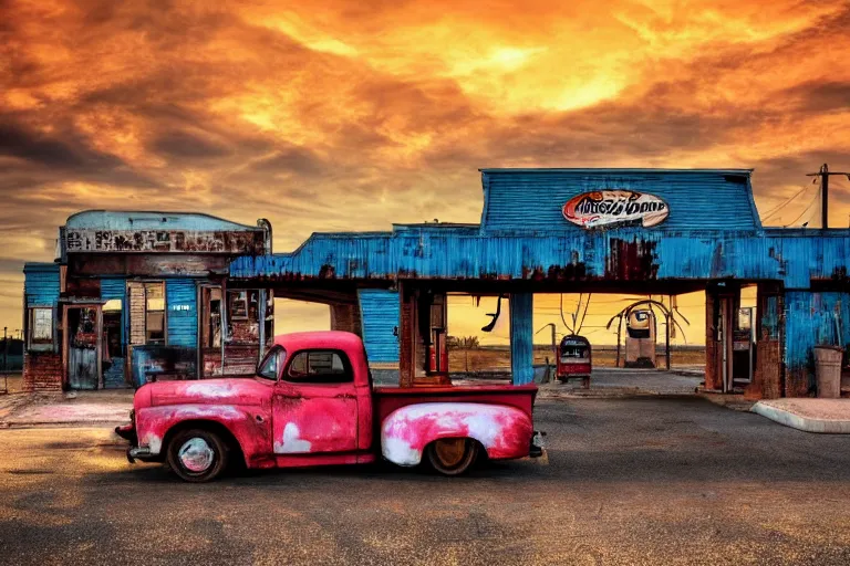 Image similar to a sunset light landscape with historical route 6 6, lots of sparkling details and sun ray ’ s, blinding backlight, smoke, volumetric lighting, colorful, octane, 3 5 mm, abandoned gas station, old rusty pickup - truck, beautiful epic colored reflections, very colorful heavenly, softlight