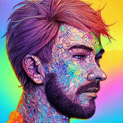 Image similar to the head of a beautiful handsome rainbow man, an ultrafine detailed illustration by james jean, final fantasy, intricate linework, bright colors, behance contest winner, vanitas, angular, altermodern, unreal engine 5 highly rendered, global illumination, radiant light, detailed and intricate environment