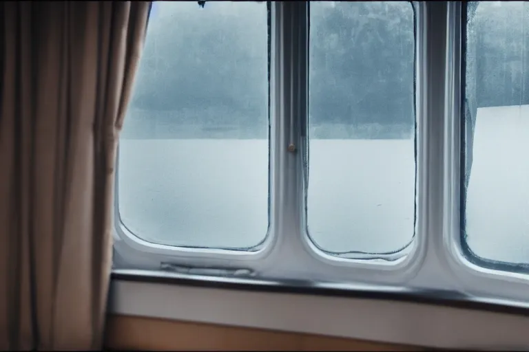 Prompt: looking out from the window of a train that is sailing on the water, the windows are fluttering with transparent gauze curtains, the sun shines in, fog and swans over the river, cinematic, 8k, masterpiece, light effect, ue5, photoshop