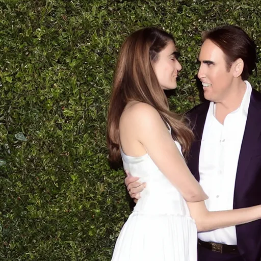 Prompt: Matpat from Game theory getting asked out by Nicholas cage in a white dress, photograph